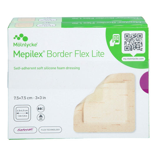 Das Produktfoto zeigt Mepilex Border Flex Lite Schaumverband 7,5x7,5 Cm (10 stk) PZN 18105751