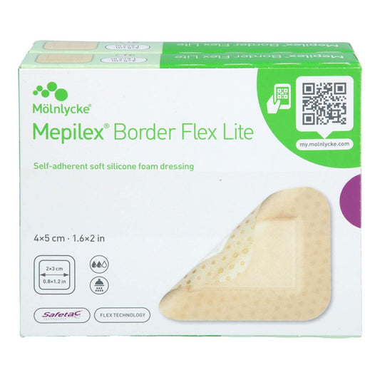Das Produktfoto zeigt Mepilex Border Flex Lite Schaumverband 4x5 Cm (20 stk) PZN 18105805