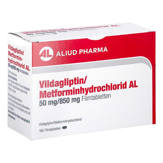 Das Produktfoto zeigt Vildagliptin/Metforminhydrochlorid Al 50mg/850mg (180 stk) PZN 18106259