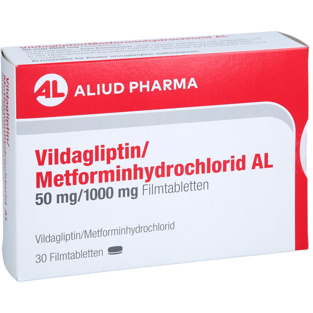 Das Produktfoto zeigt Vildagliptin/Metforminhydrochlorid Al 50mg/1000mg (30 stk) PZN 18106265