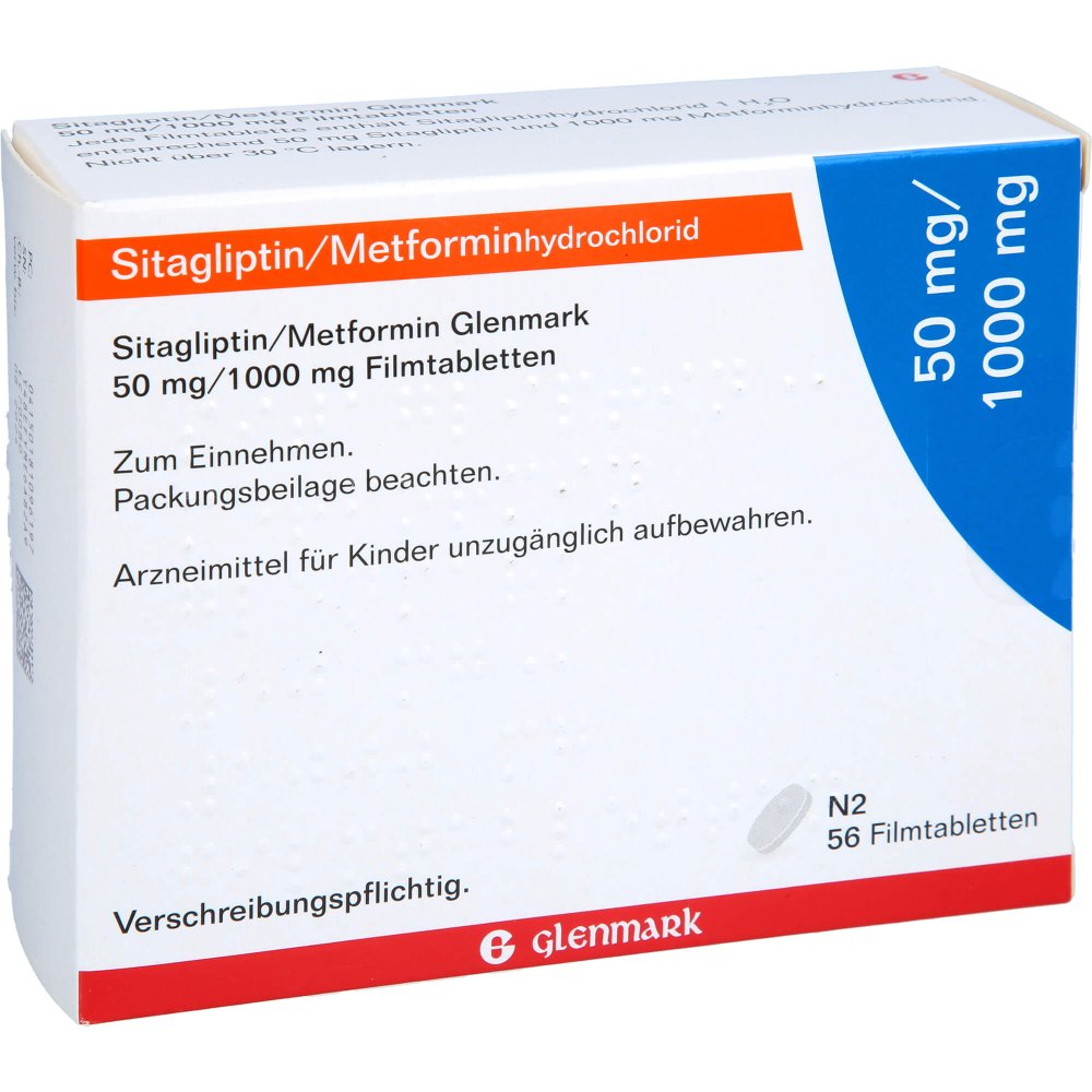 Das Produktfoto zeigt Sitagliptin/Metformin Glenmark 50 Mg/1000 Mg Fta (56 stk) PZN 18109619