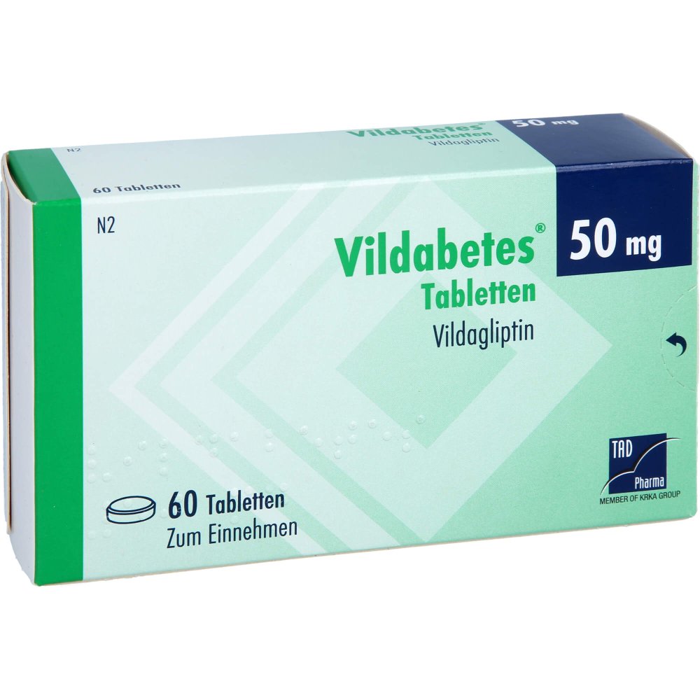 Das Produktfoto zeigt Vildabetes 50 Mg Tabletten (60 stk) PZN 18112478