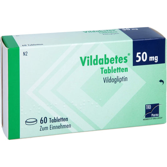 Das Produktfoto zeigt Vildabetes 50 Mg Tabletten (60 stk) PZN 18112478