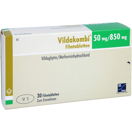 Das Produktfoto zeigt Vildakombi 50 Mg/850 Mg Filmtabletten (30 stk) PZN 18112509