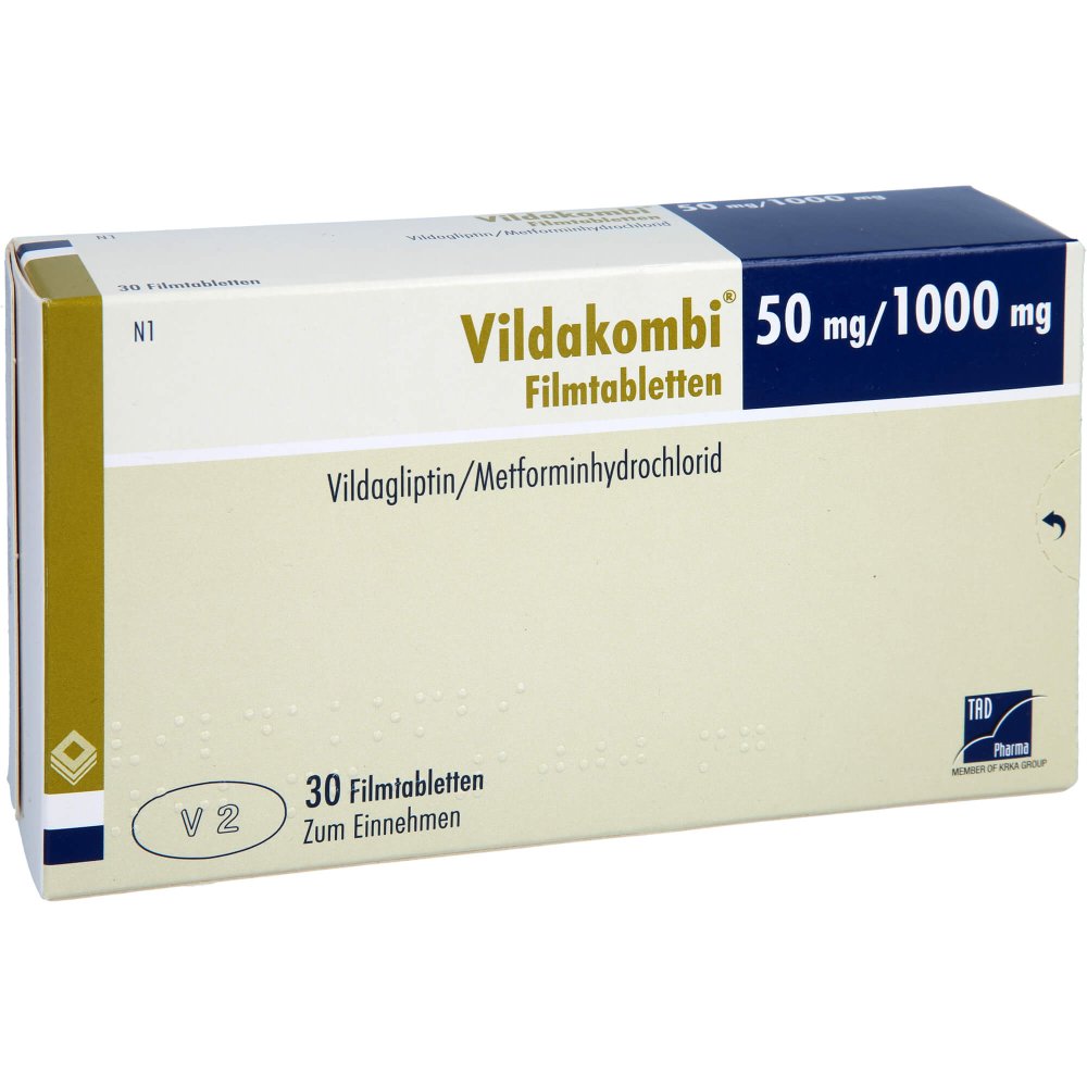 Das Produktfoto zeigt Vildakombi 50 Mg/1000 Mg Filmtabletten (30 stk) PZN 18112538