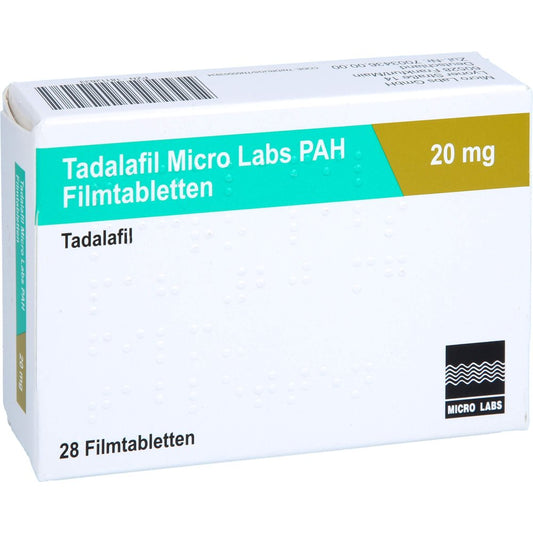 Das Produktfoto zeigt Tadalafil Micro Labs Pah 20 Mg Filmtabletten (28 stk) PZN 18112633