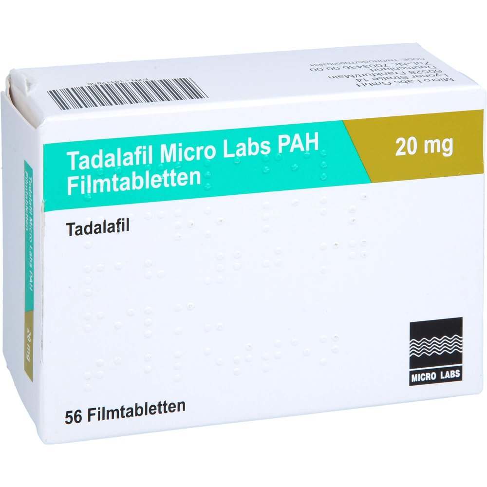 Das Produktfoto zeigt Tadalafil Micro Labs Pah 20 Mg Filmtabletten (56 stk) PZN 18112656
