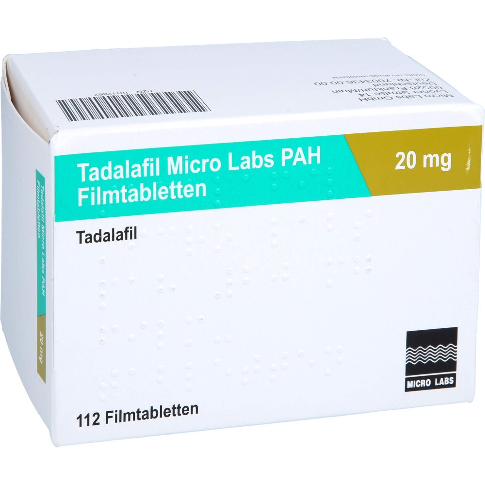 Das Produktfoto zeigt Tadalafil Micro Labs Pah 20 Mg Filmtabletten (112 stk) PZN 18112662
