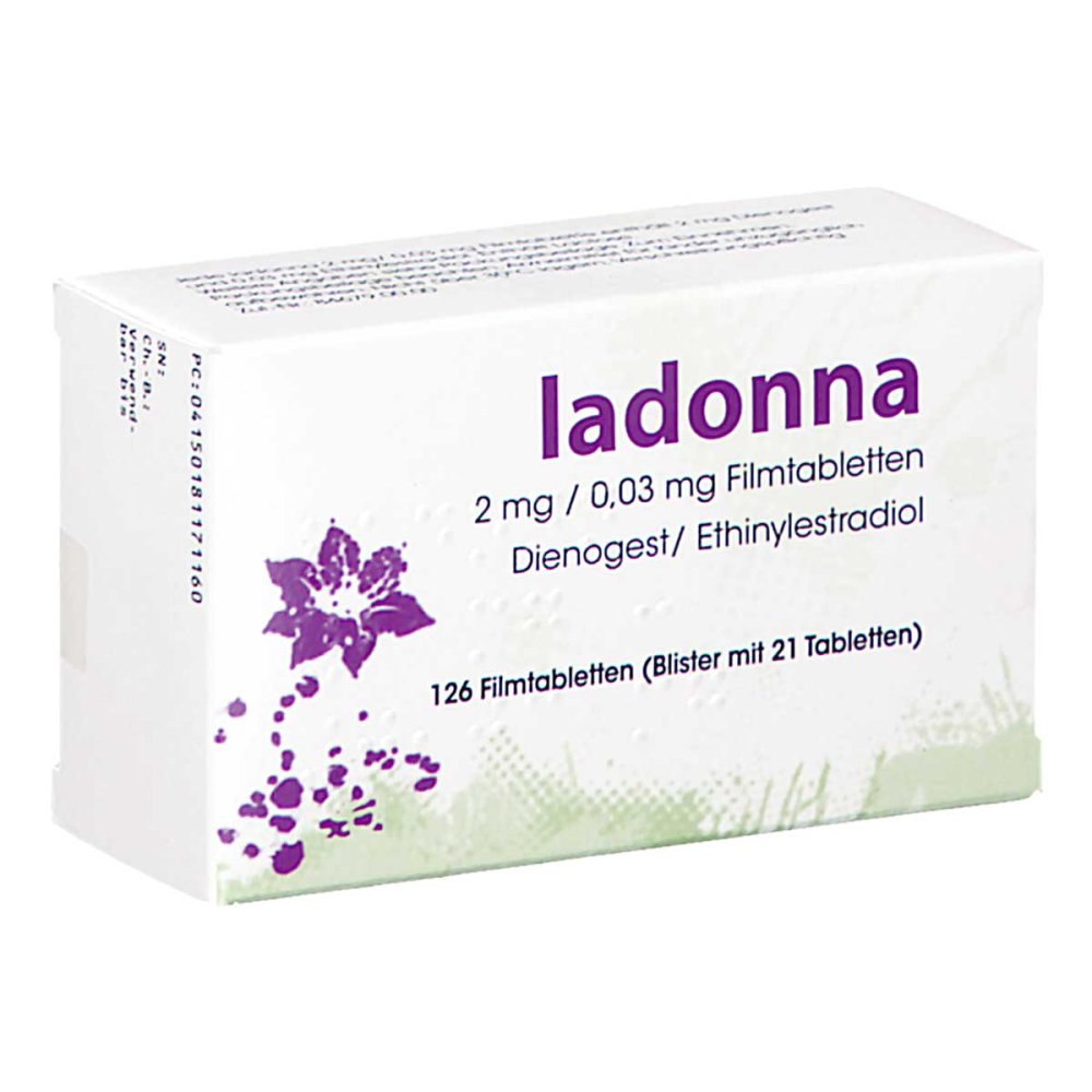 Das Produktfoto zeigt Ladonna 2 Mg/0,03 Mg Filmtabletten (6X21 stk) PZN 18117116