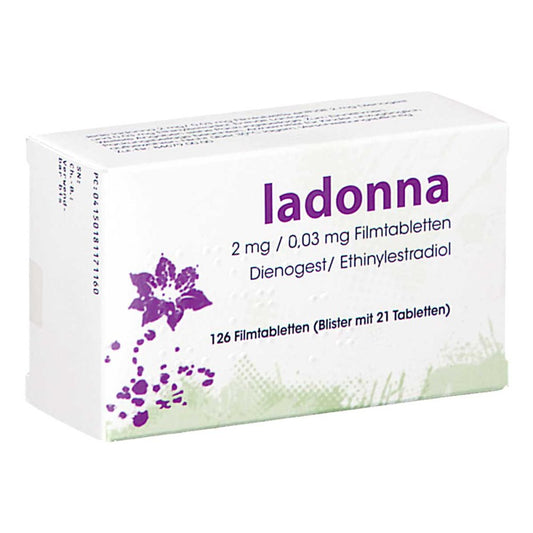 Das Produktfoto zeigt Ladonna 2 Mg/0,03 Mg Filmtabletten (6X21 stk) PZN 18117116