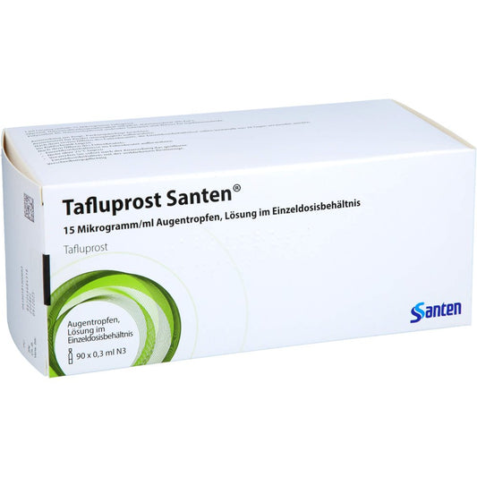 Das Produktfoto zeigt Tafluprost Santen 15 Μg/Ml Augentr.Einzeldosisbeh. (90X0.3 ml) PZN 18130068