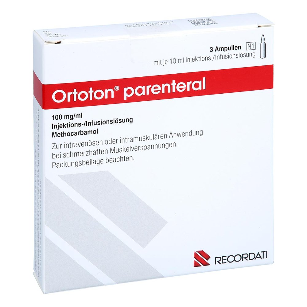 Das Produktfoto zeigt Ortoton Parenteral 100 Mg/Ml Inj./Inf.-L. Amp.10ml (3 stk) PZN 18131205