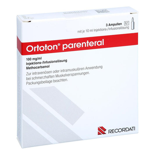 Das Produktfoto zeigt Ortoton Parenteral 100 Mg/Ml Inj./Inf.-L. Amp.10ml (3 stk) PZN 18131205
