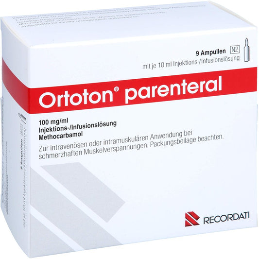 Das Produktfoto zeigt Ortoton Parenteral 100 Mg/Ml Inj./Inf.-L. Amp.10ml (9 stk) PZN 18131211