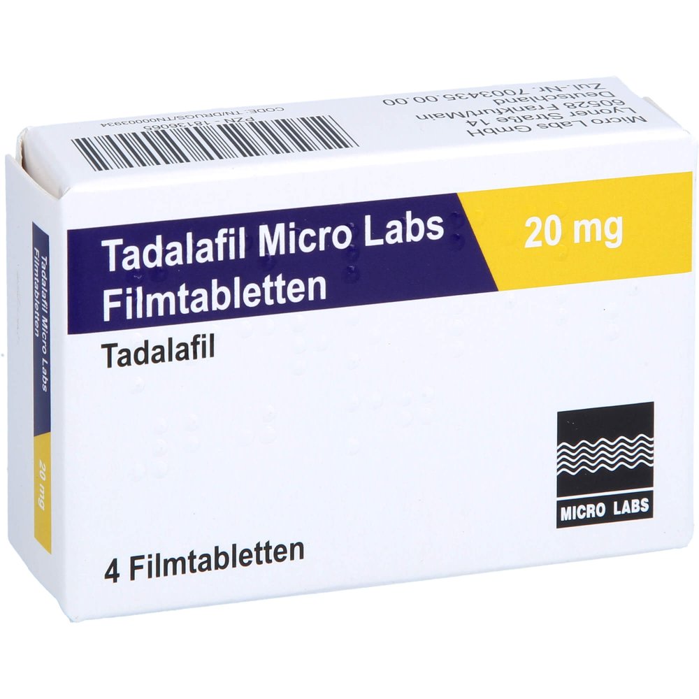 Das Produktfoto zeigt Tadalafil Micro Labs 20 Mg Filmtabletten (4 stk) PZN 18136065