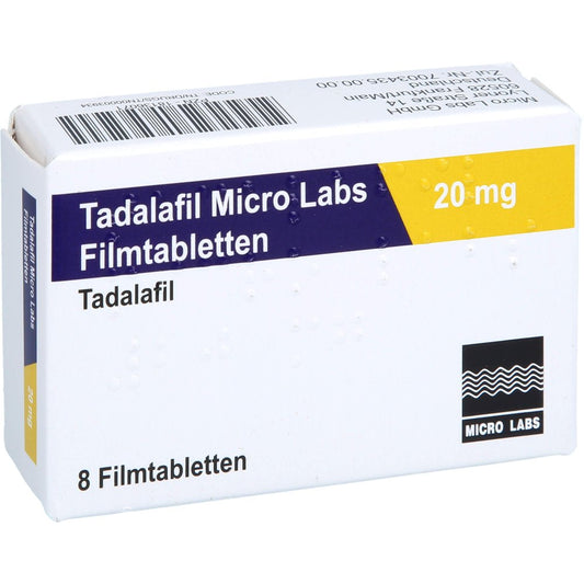 Das Produktfoto zeigt Tadalafil Micro Labs 20 Mg Filmtabletten (8 stk) PZN 18136071