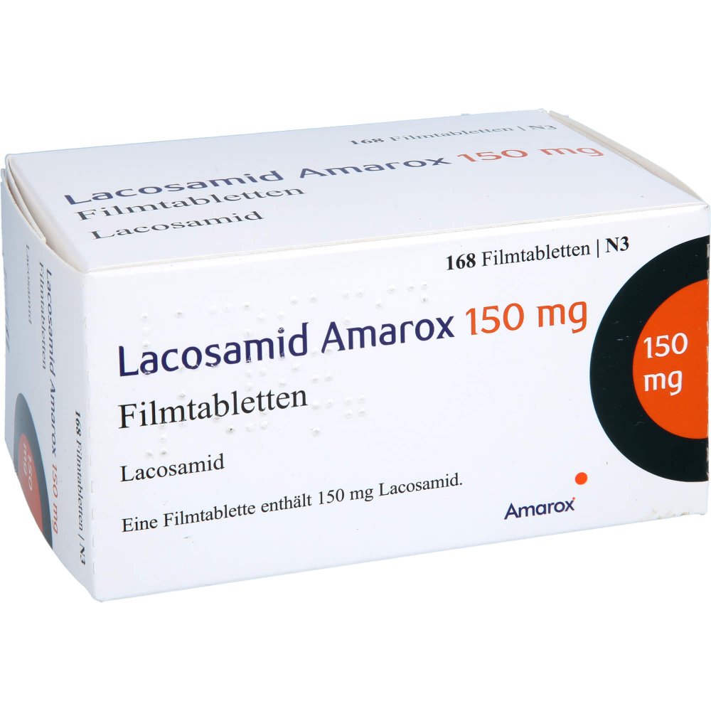 Das Produktfoto zeigt Lacosamid Amarox 150 Mg Filmtabletten (168 stk) PZN 18138495