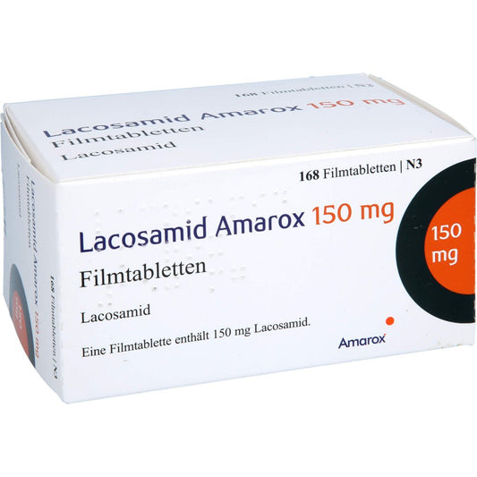 Das Produktfoto zeigt Lacosamid Amarox 150 Mg Filmtabletten (168 stk) PZN 18138495