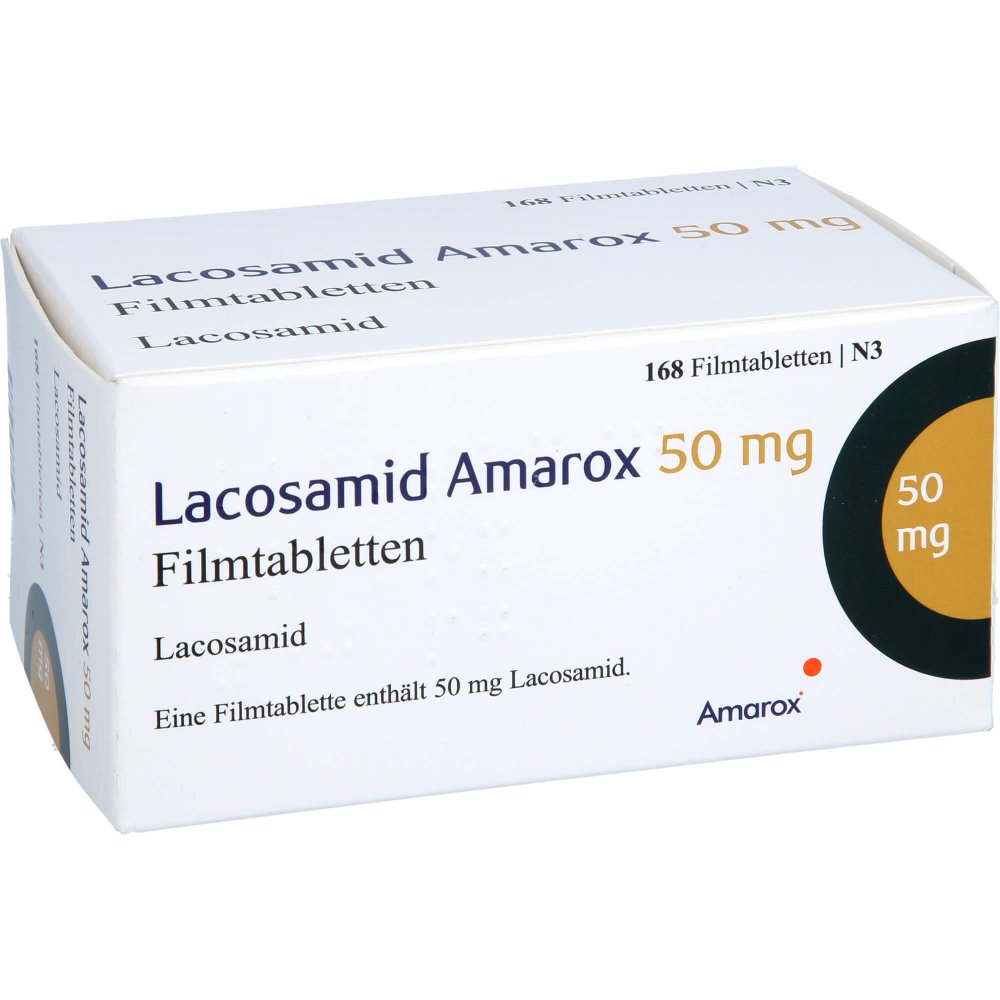 Das Produktfoto zeigt Lacosamid Amarox 50 Mg Filmtabletten (168 stk) PZN 18138555