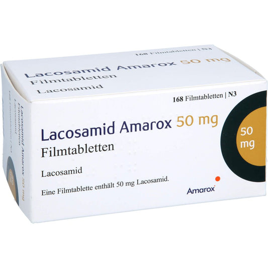 Das Produktfoto zeigt Lacosamid Amarox 50 Mg Filmtabletten (168 stk) PZN 18138555