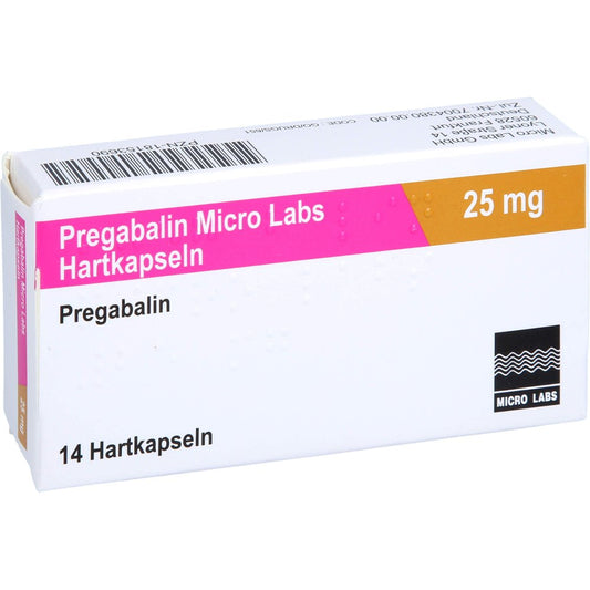 Das Produktfoto zeigt Pregabalin Micro Labs 25 Mg Hartkapseln (14 stk) PZN 18153690
