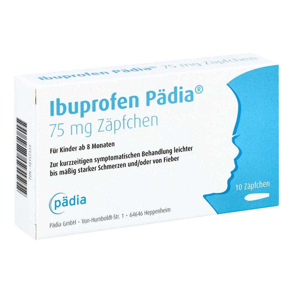 Das Produktfoto zeigt Ibuprofen Pädia 75 Mg Zäpfchen (10 stk) PZN 18157334