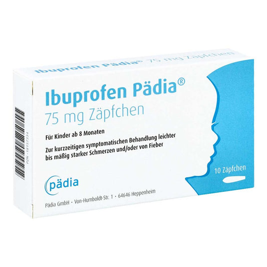 Das Produktfoto zeigt Ibuprofen Pädia 75 Mg Zäpfchen (10 stk) PZN 18157334