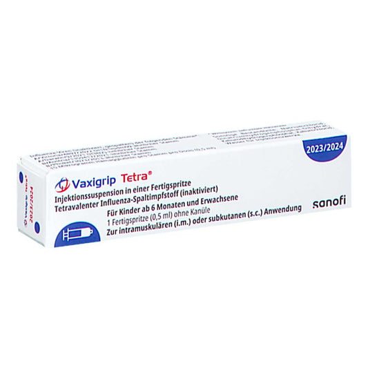 Das Produktfoto zeigt Vaxigrip Tetra 2023/2024 Inj.Susp.Fertigspr.O.Kan. (1 stk) PZN 18190136
