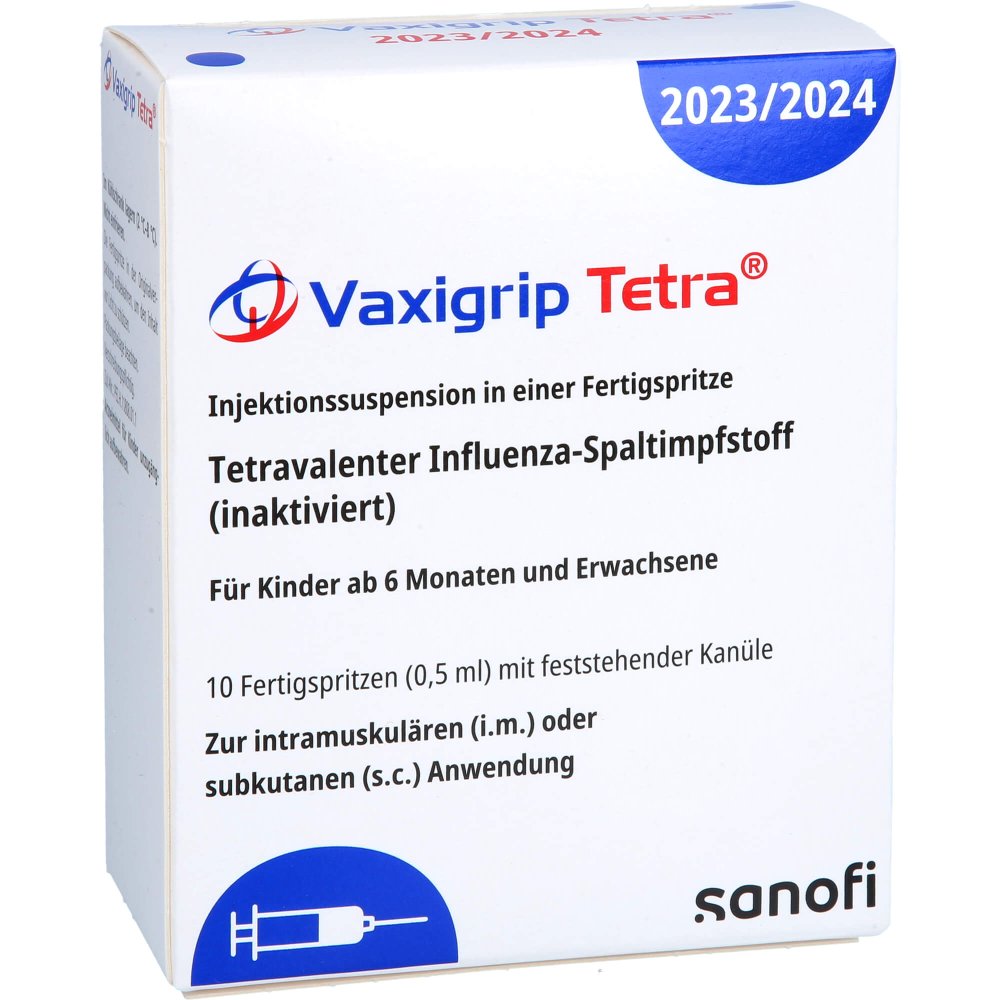 Das Produktfoto zeigt Vaxigrip Tetra 2023/2024 Inj.Susp.Fertigspr.M.Kan. (10 stk) PZN 18190165