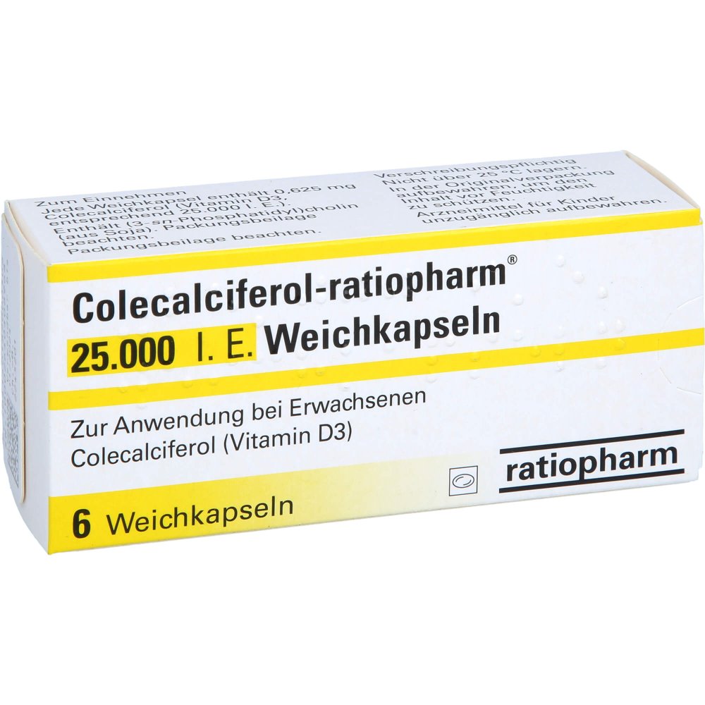 Das Produktfoto zeigt Colecalciferol-Ratiopharm 25.000 I.E. Weichkapseln (6 stk) PZN 18200030
