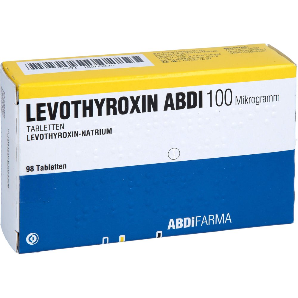 Das Produktfoto zeigt Levothyroxin Abdi 100 Mikrogramm Tabletten (98 stk) PZN 18203330