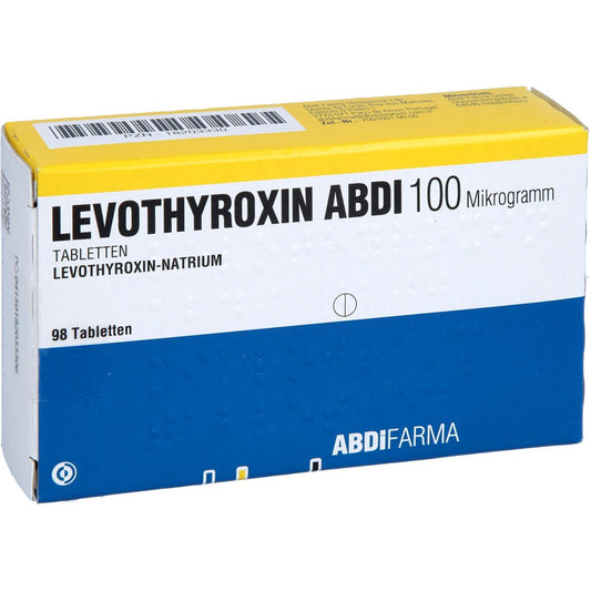 Das Produktfoto zeigt Levothyroxin Abdi 100 Mikrogramm Tabletten (98 stk) PZN 18203330
