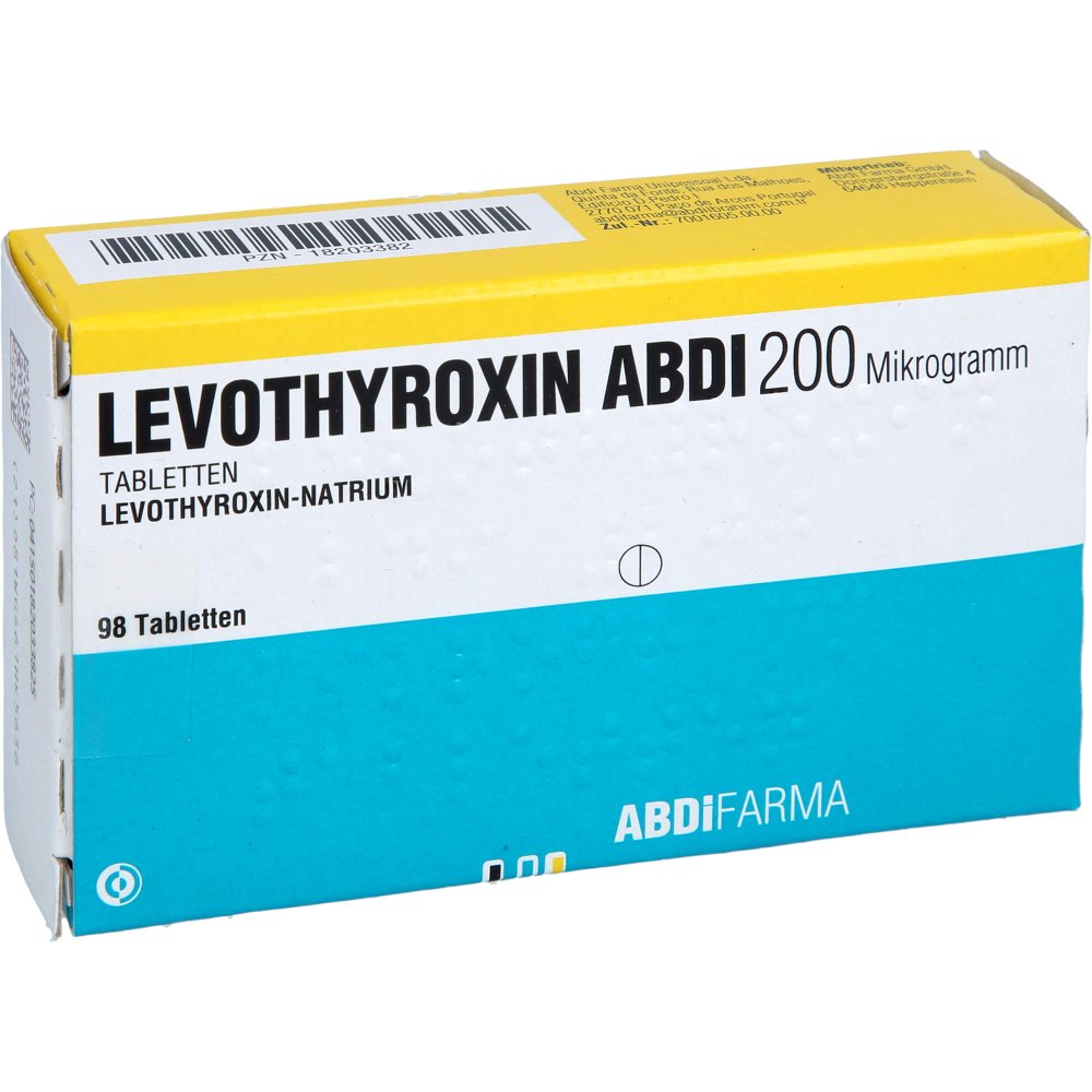 Das Produktfoto zeigt Levothyroxin Abdi 200 Mikrogramm Tabletten (98 stk) PZN 18203382