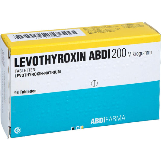 Das Produktfoto zeigt Levothyroxin Abdi 200 Mikrogramm Tabletten (98 stk) PZN 18203382