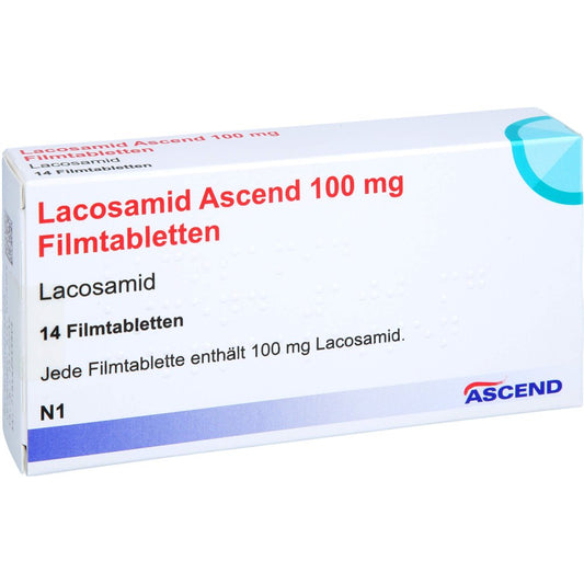 Das Produktfoto zeigt Lacosamid Ascend 100 Mg Filmtabletten (14 stk) PZN 18218567