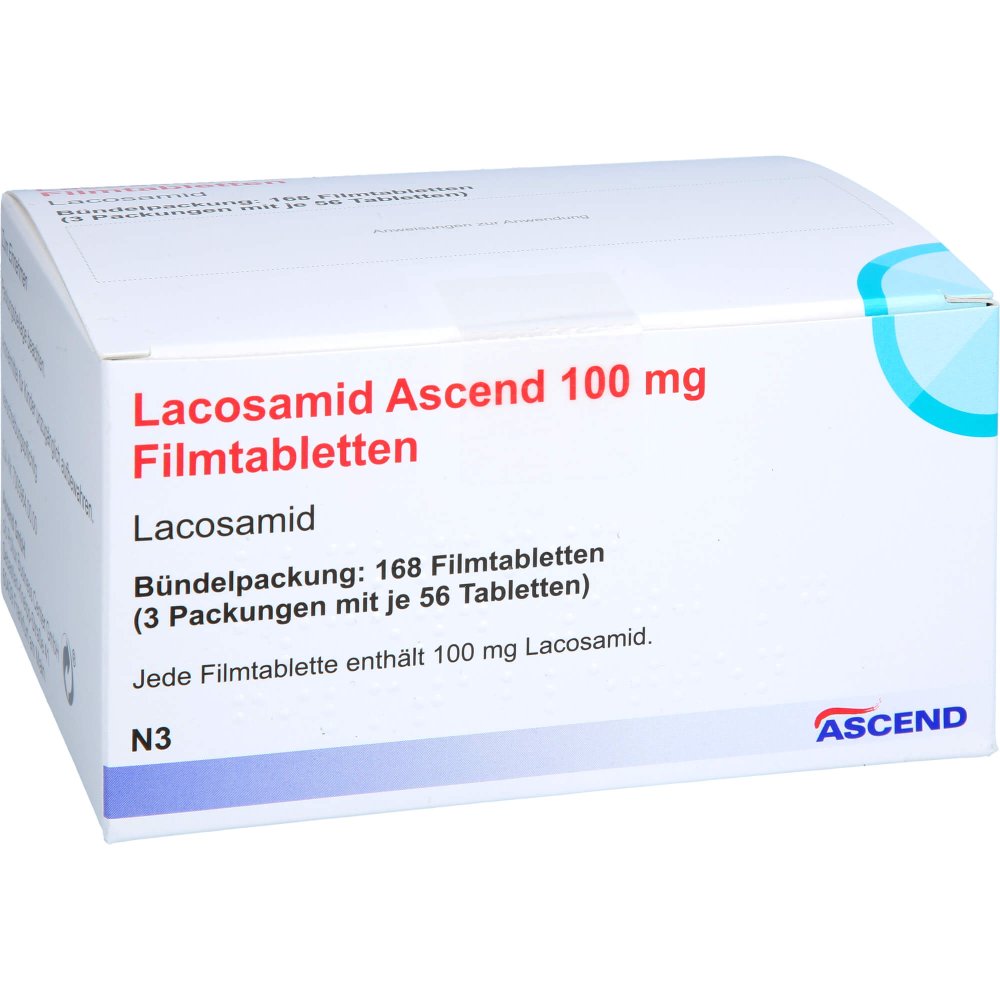 Das Produktfoto zeigt Lacosamid Ascend 100 Mg Filmtabletten (168 stk) PZN 18218604