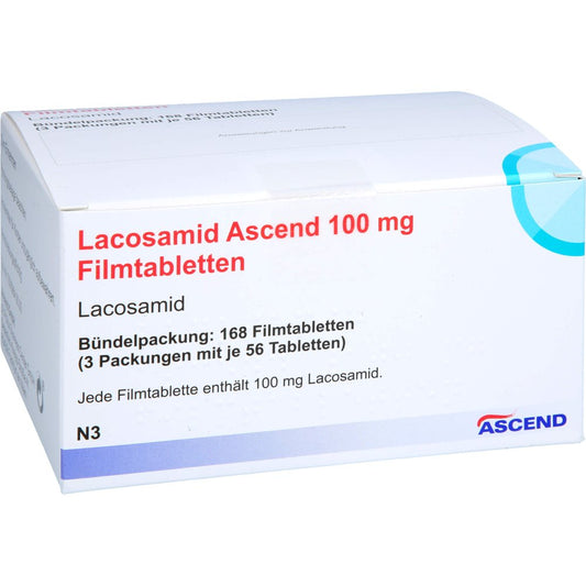 Das Produktfoto zeigt Lacosamid Ascend 100 Mg Filmtabletten (168 stk) PZN 18218604