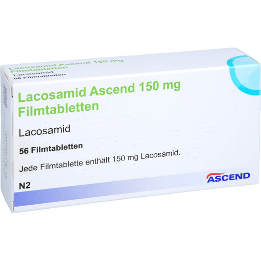 Das Produktfoto zeigt Lacosamid Ascend 150 Mg Filmtabletten (56 stk) PZN 18218610