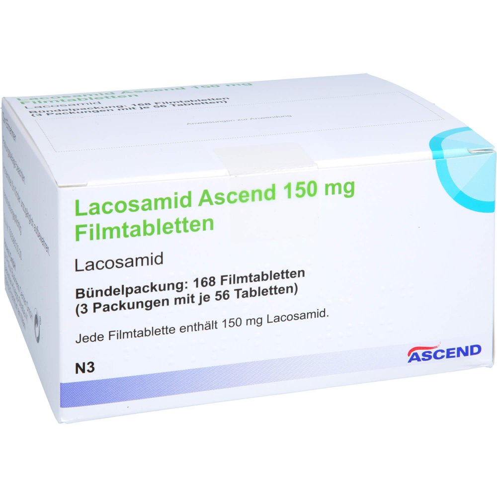 Das Produktfoto zeigt Lacosamid Ascend 150 Mg Filmtabletten (168 stk) PZN 18218627