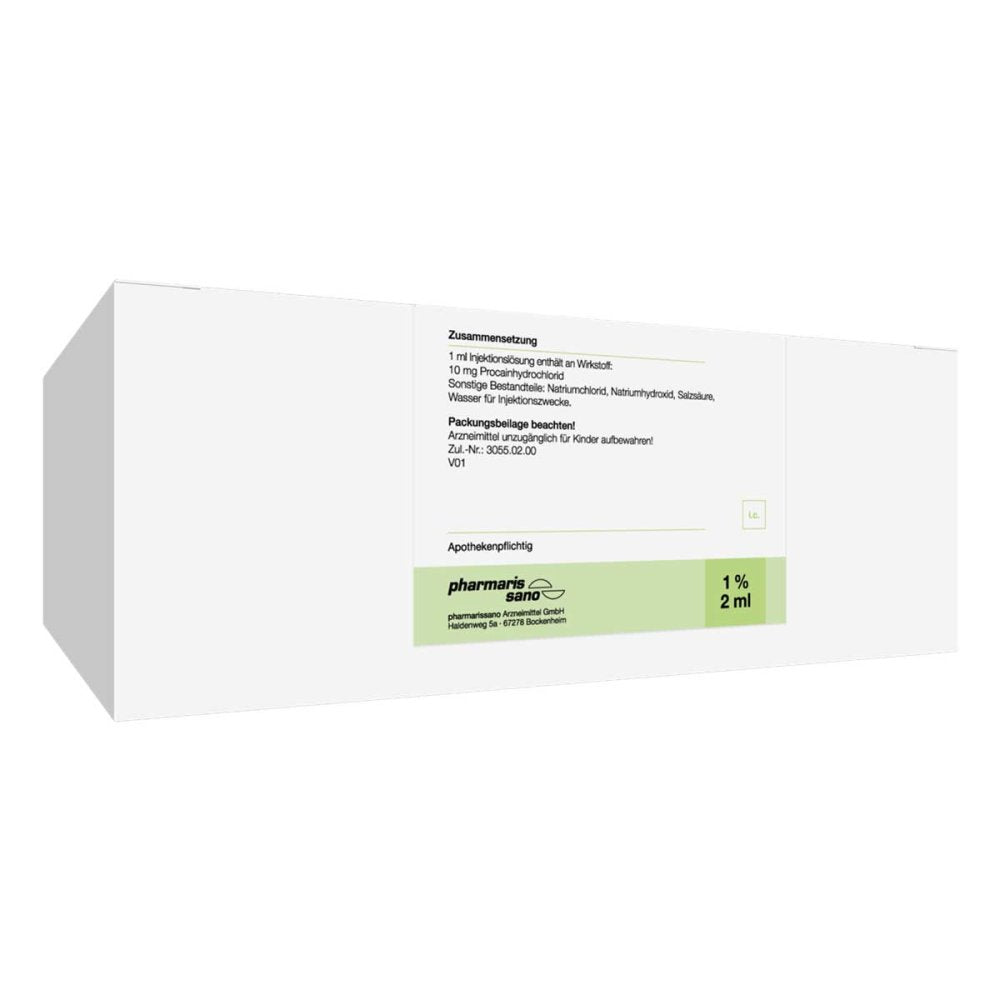 Das Produktfoto zeigt Procain Pharmarissano Ampulle 1% 2 Ml Inj.-Lsg. (200X2 ml) PZN 18223396