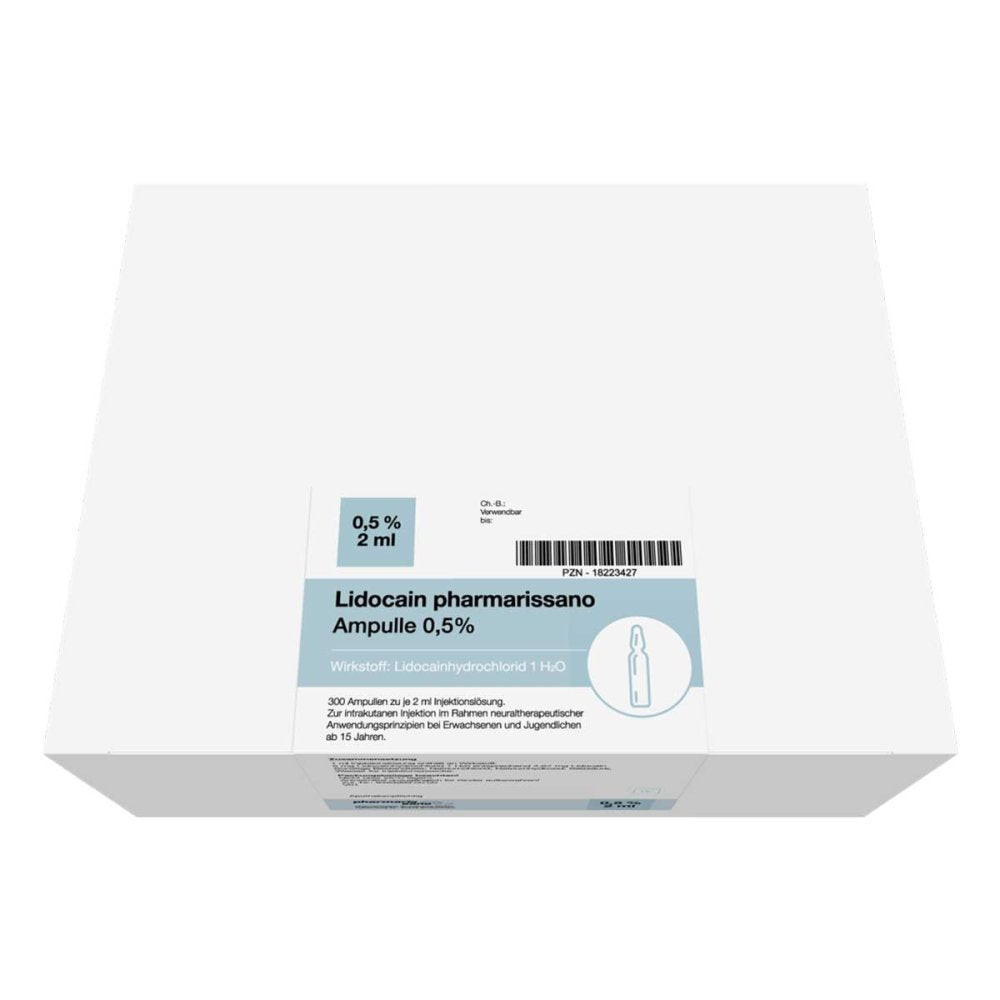 Das Produktfoto zeigt Lidocain Pharmarissano Ampulle 0,5% 2 Ml Inj.-Lsg. (300X2 ml) PZN 18223427