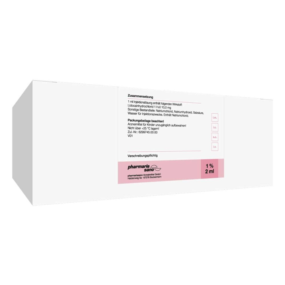 Das Produktfoto zeigt Lidocain Pharmarissano Ampulle 1% 2 Ml Inj.-Lsg. (300X2 ml) PZN 18223433