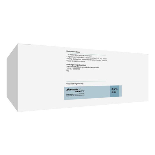 Das Produktfoto zeigt Lidocain Pharmarissano Ampulle 0,5% 5 Ml Inj.-Lsg. (300X5 ml) PZN 18223456