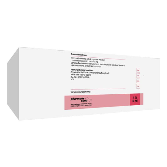 Das Produktfoto zeigt Lidocain Pharmarissano Ampulle 1% 5 Ml Inj.-Lsg. (300X5 ml) PZN 18223462