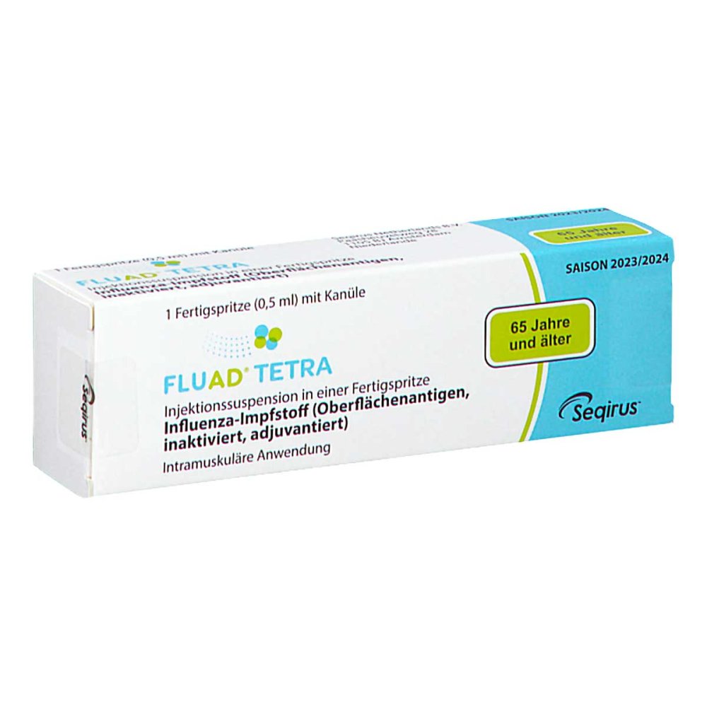 Das Produktfoto zeigt Fluad Tetra 2023/2024 Inj.-Susp.F-Spr.M.Kanüle (1X0.5 ml) PZN 18230769