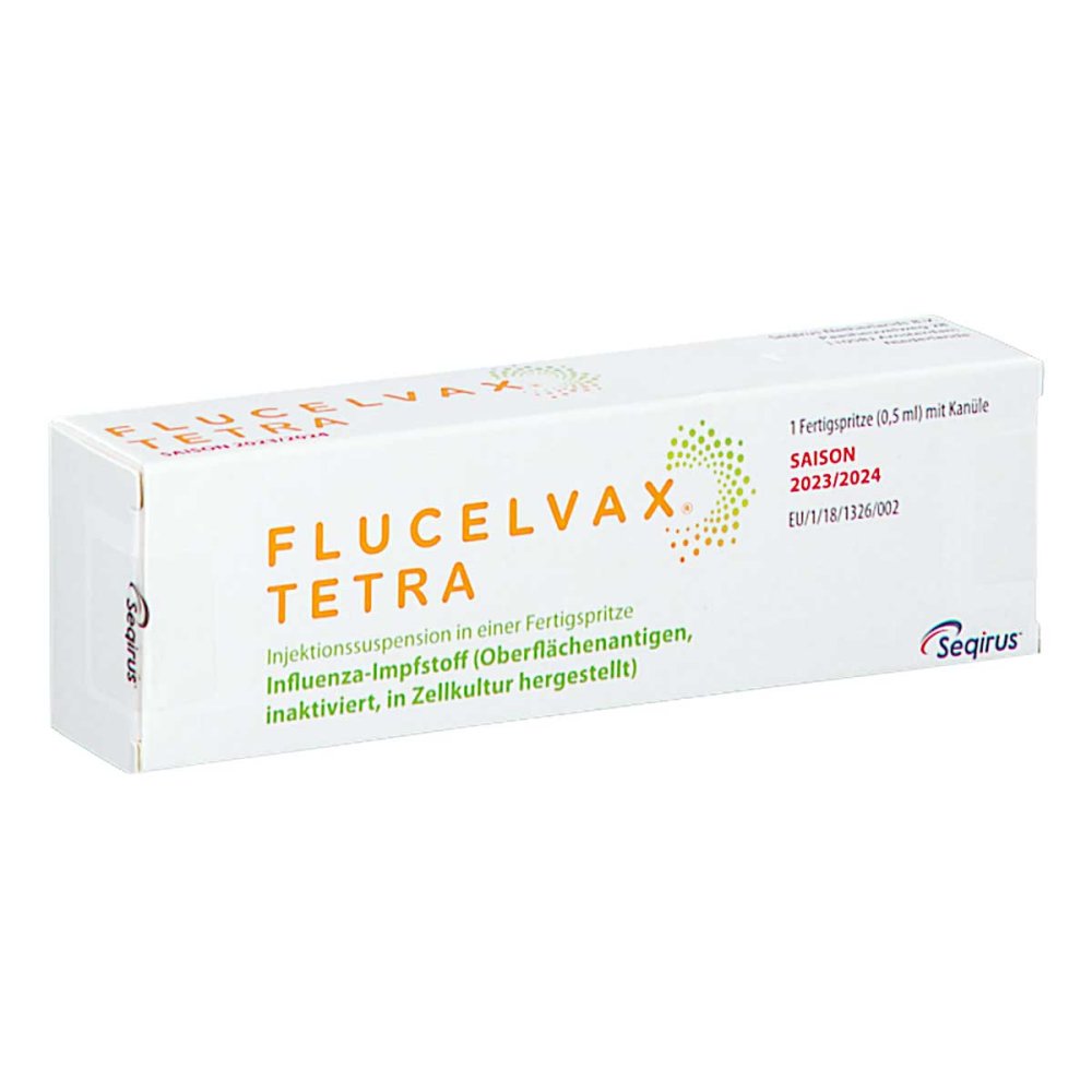 Das Produktfoto zeigt Flucelvax Tetra 2023/2024 Inj.-Susp.F-Spr.M.Kanüle (1X0.5 ml) PZN 18230798