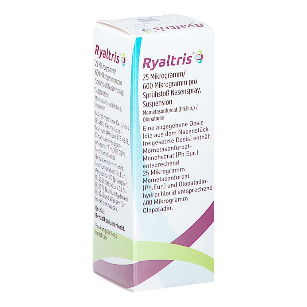 Das Produktfoto zeigt Ryaltris 25 Μg/600 Μg/Sprühst.Nasenspr.240 Spr.St. (29 g) PZN 18240041