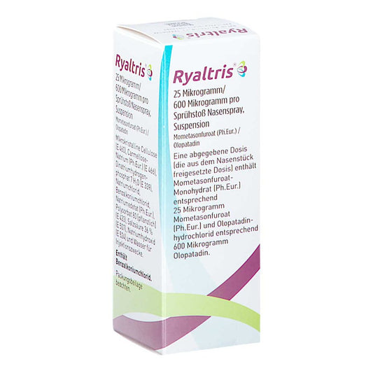 Das Produktfoto zeigt Ryaltris 25 Μg/600 Μg/Sprühst.Nasenspr.240 Spr.St. (29 g) PZN 18240041