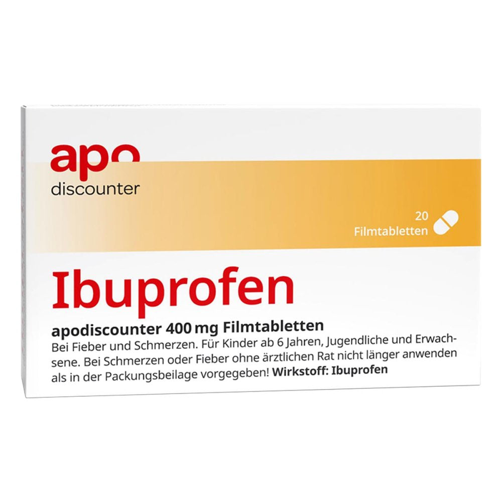 Das Produktfoto zeigt Ibuprofen Apodiscounter 400 Mg Filmtabletten (20 stk) PZN 18240331