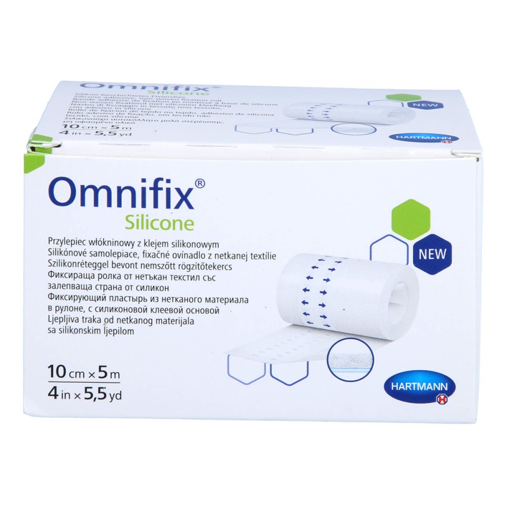 Das Produktfoto zeigt Omnifix Silicone Fixiervlies 10 Cmx5 M (1 stk) PZN 18241767